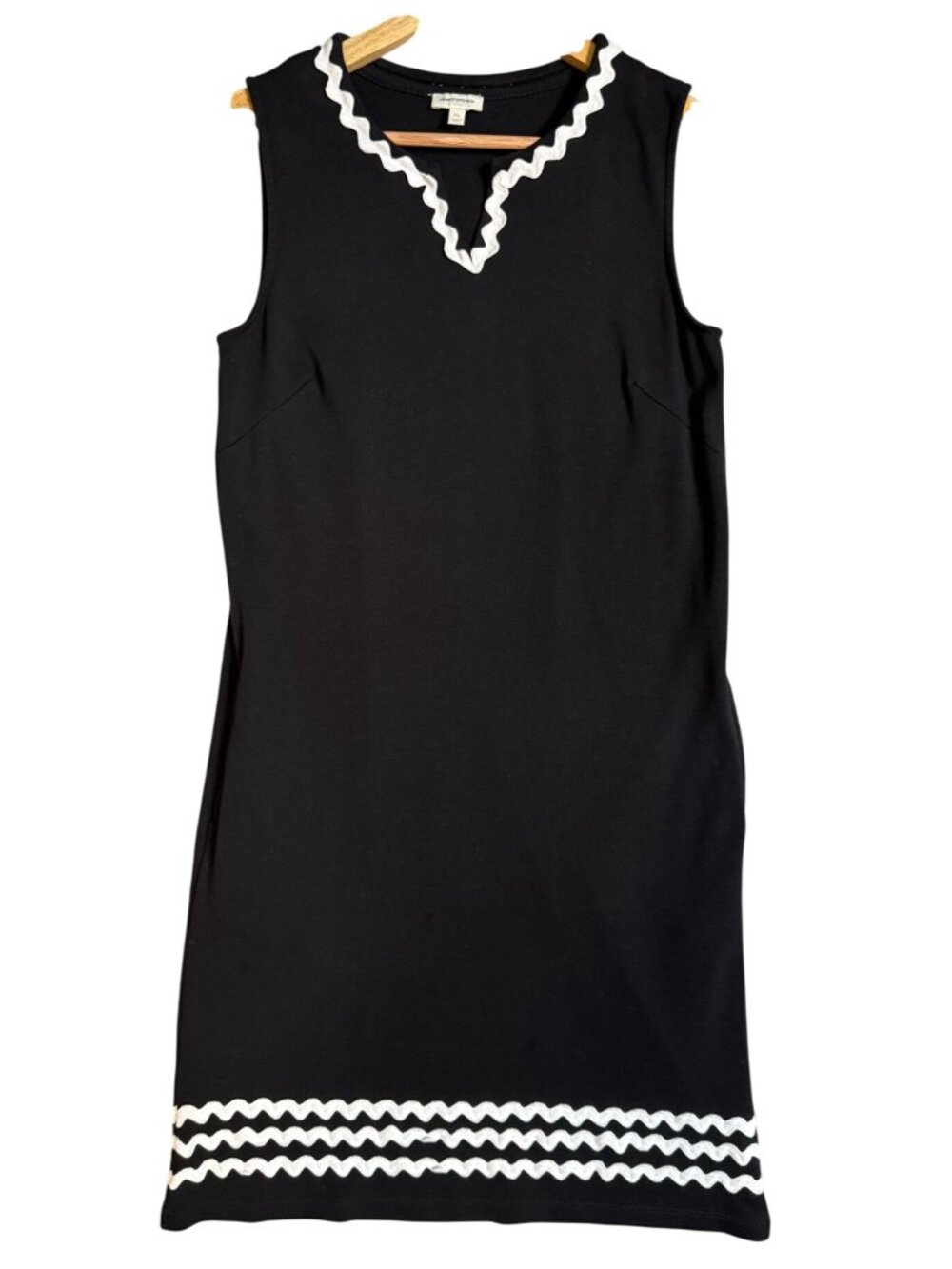 Talbots Black Sleeveless Dress M Petite 100% Cotton Pockets Ric Rac Trim
